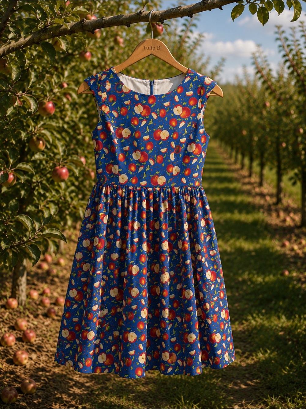 NWT Blue Apple-Print Fit & Flare Midi Dress Sleeveless Cotton Lined Pockets - Picture 3 of 7